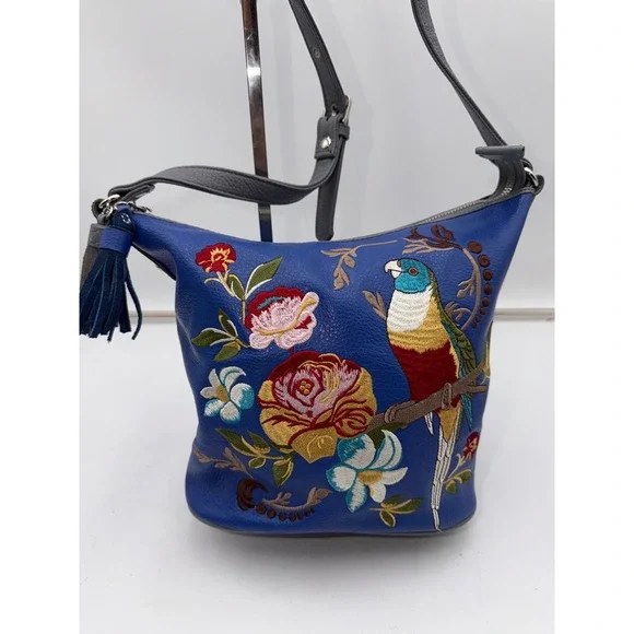 Sharif 1827 Blue Leather Embroidered Parrot Floral Crossbody Bag Grey Trim - Picture 1 of 12